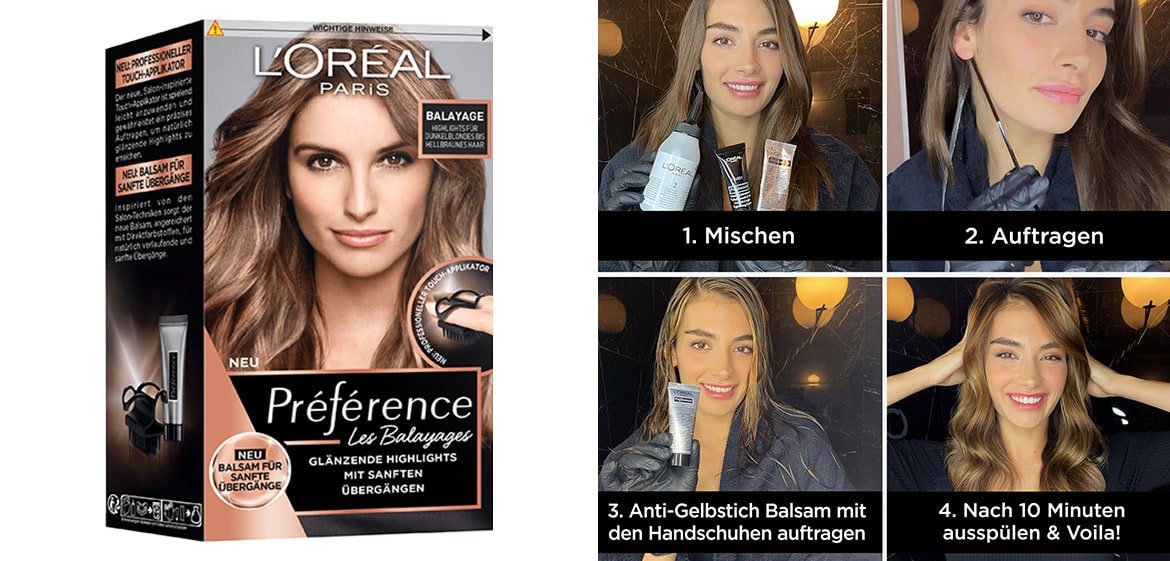 Anwendung in 4 Schritten von Préférence Haarfarbe mit Produktabbildungen